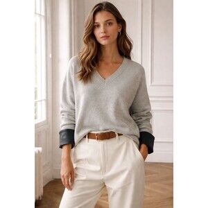 Soft Surroundings Gray Lambswool Cashmere V-Neck Sweater PL Quiet Luxury